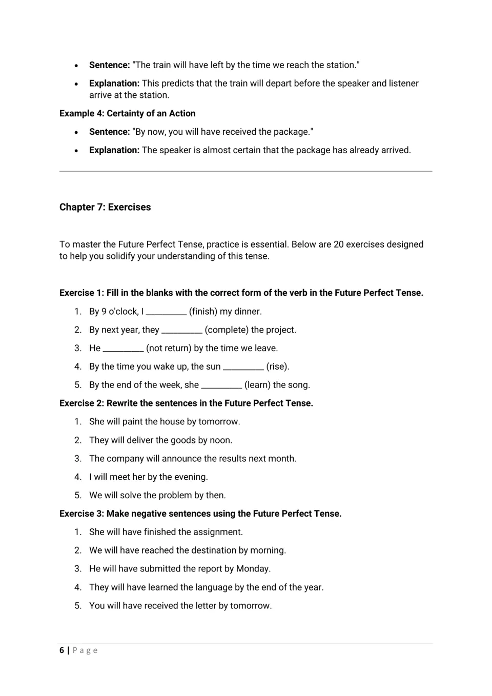 Future perfect practice: fill in verb blanks, rewrite simple future sentences, and turn sentences into negatives