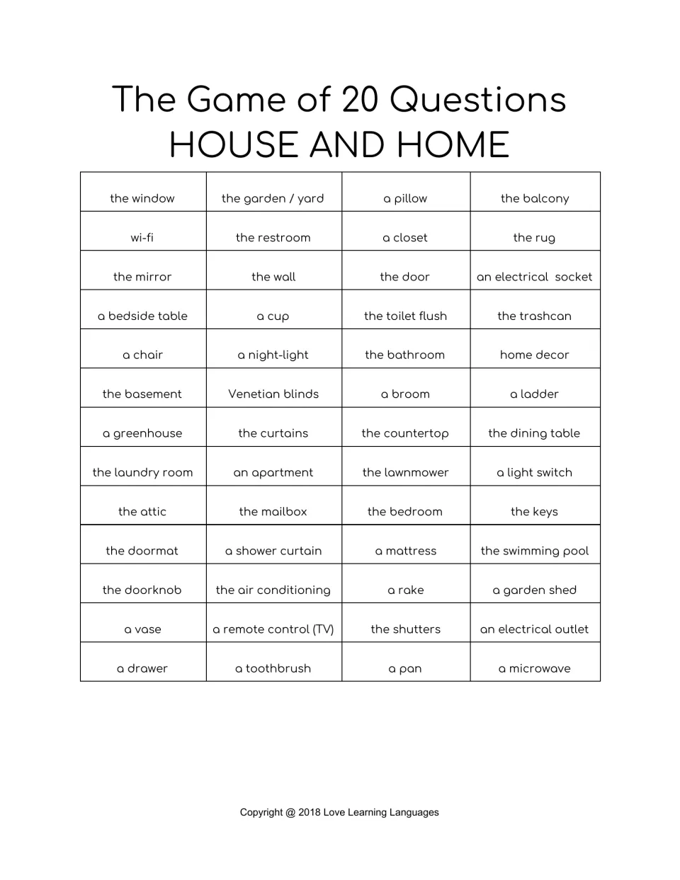 House and home 20 Questions cards: 52 words from the window and a pillow to the attic, a ladder and a microwave to guess