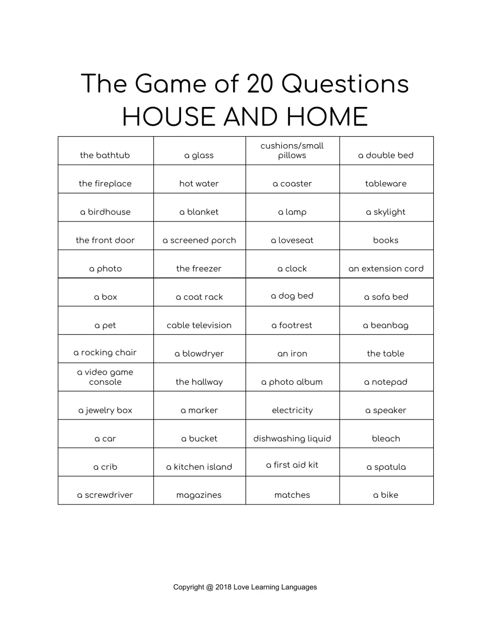 Home vocabulary set 4 for 20 Questions: the bathtub, a skylight, a kitchen island, a first aid kit and 48 more words