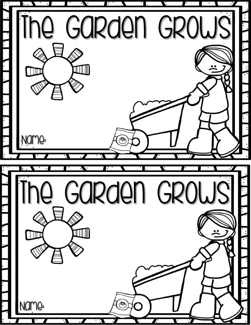 The Garden Grows cover, two per sheet: a child pushes a wheelbarrow past a seed packet and sun, with a Name line