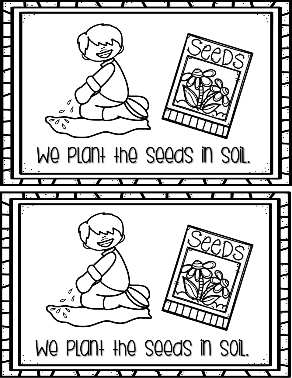 Planting step: a kneeling child drops seeds into dirt beside a SEEDS packet; text: 'We plant the seeds in soil.'