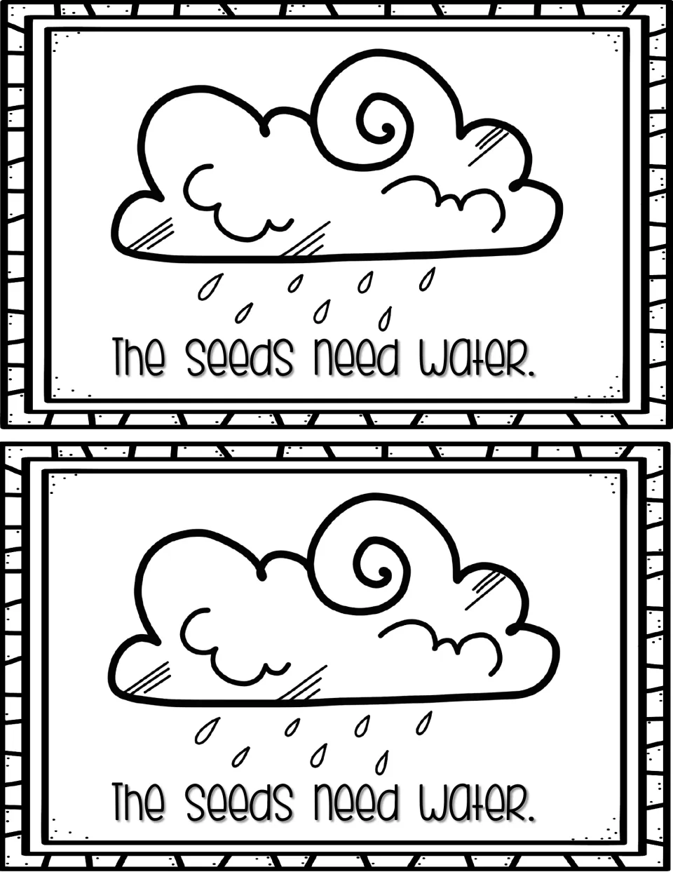 Plant needs, water: a rain cloud with falling drops above the simple sentence 'The seeds need water.' for early readers