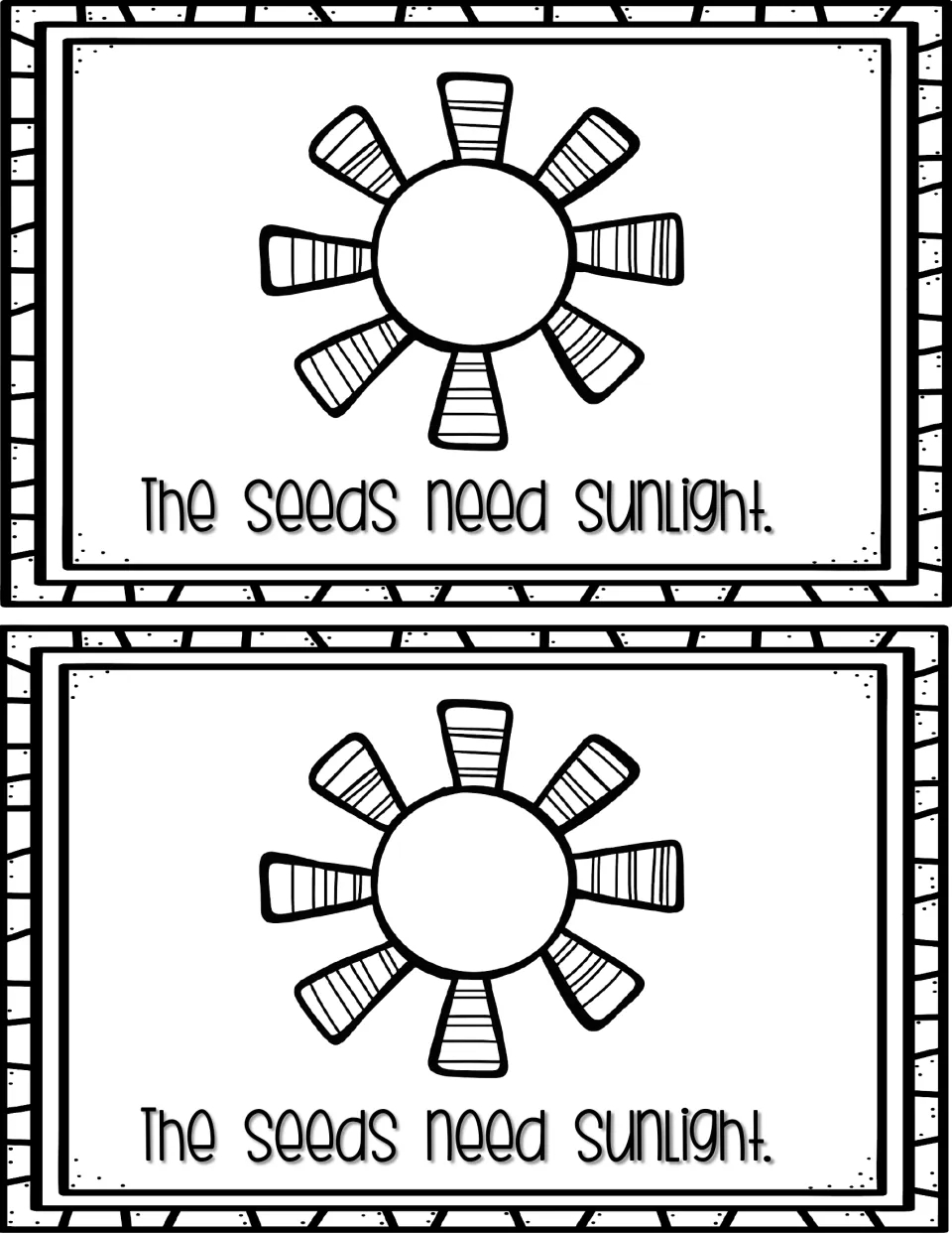 Plant needs, sunlight: a large sun drawing paired with the sentence 'The seeds need sunlight.' to read and color