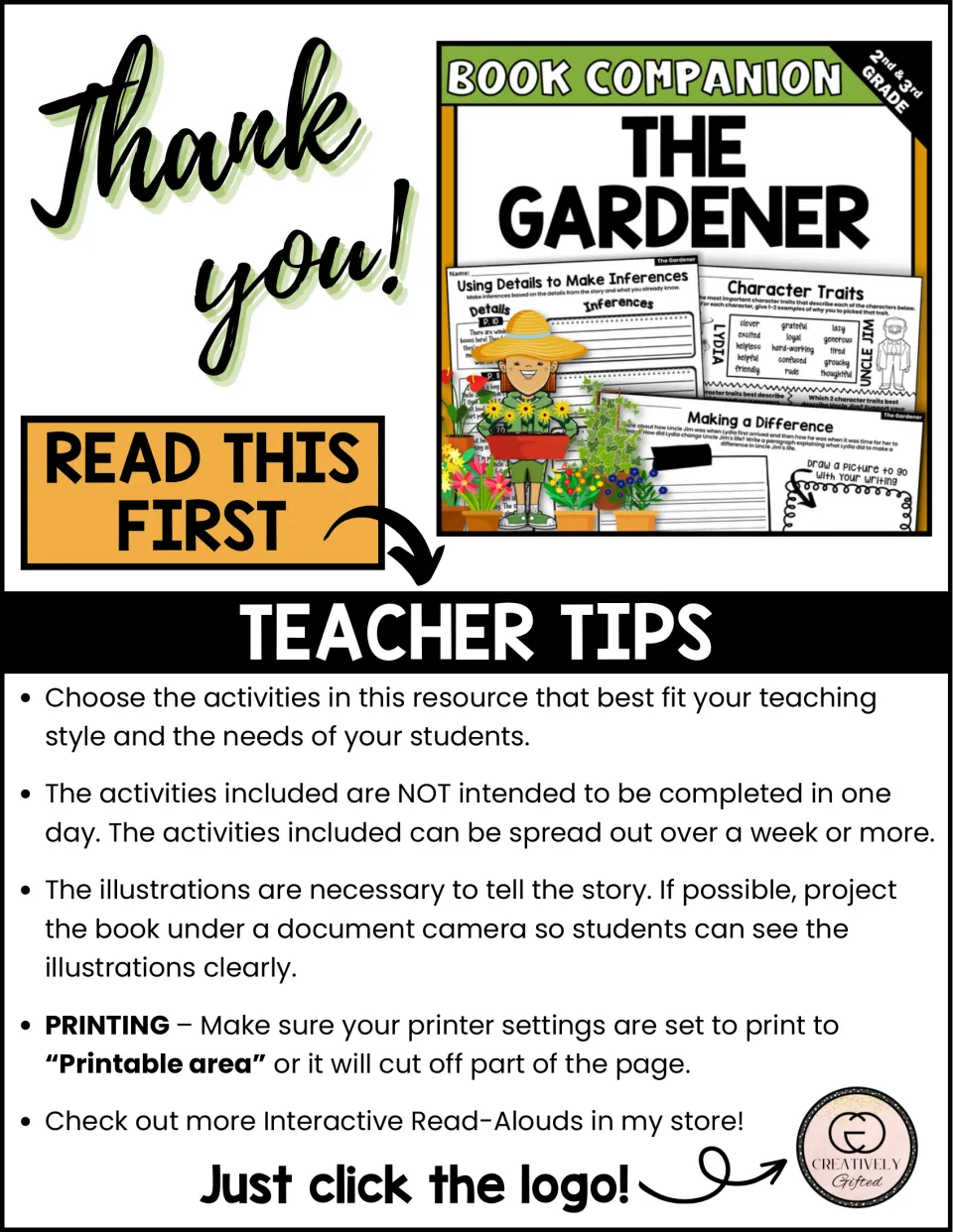 Teacher tips: spread activities over a week or more, project the book's illustrations and print to the printable area