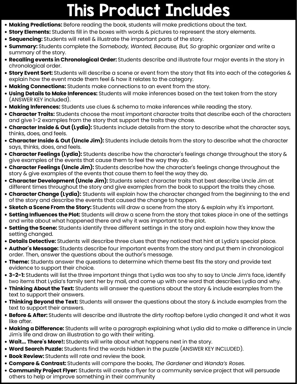 List of included activities, from Making Predictions and Story Elements to Word Search Puzzle and Community Project Flyer