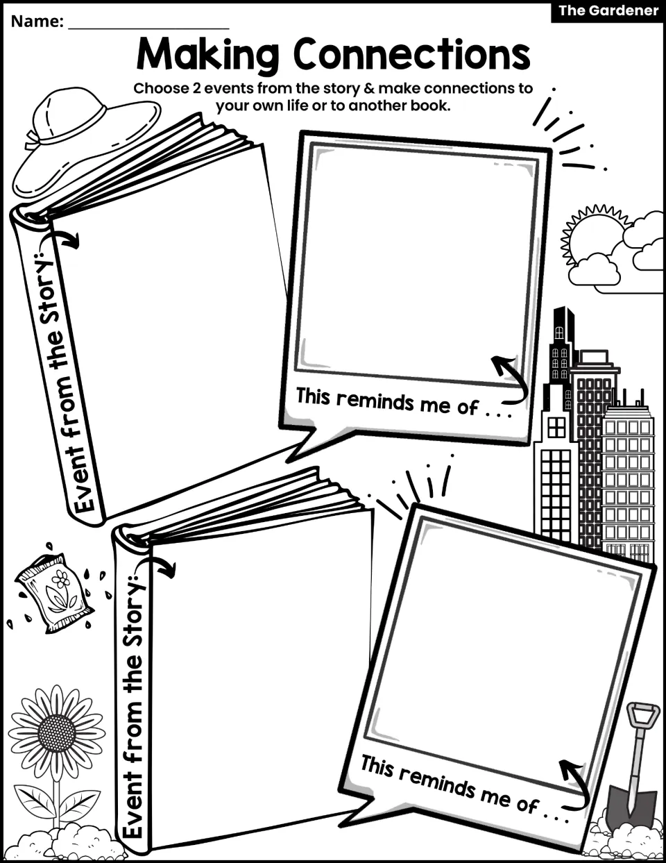 Making connections: students pick 2 story events and draw what each reminds them of, in their life or another book