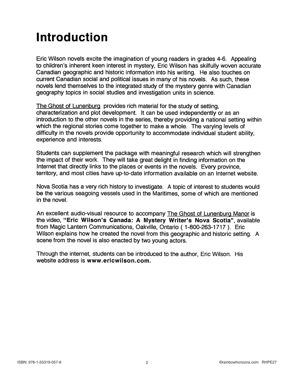 Novel study introduction connecting Eric Wilson's mysteries to Canadian geography, history, and research