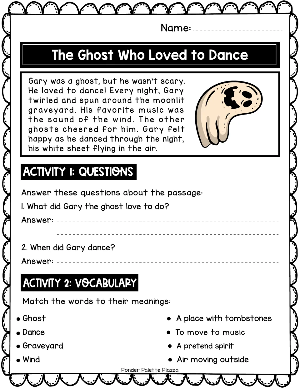 Reading passage about Gary the dancing ghost, followed by two questions and four vocabulary matches.