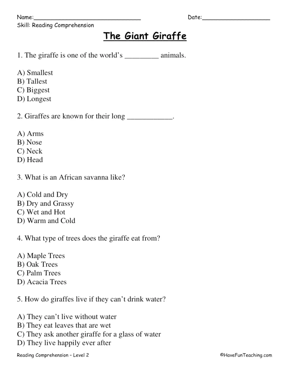 Five multiple-choice questions about giraffes' height, long necks, savanna habitat, food, and water.
