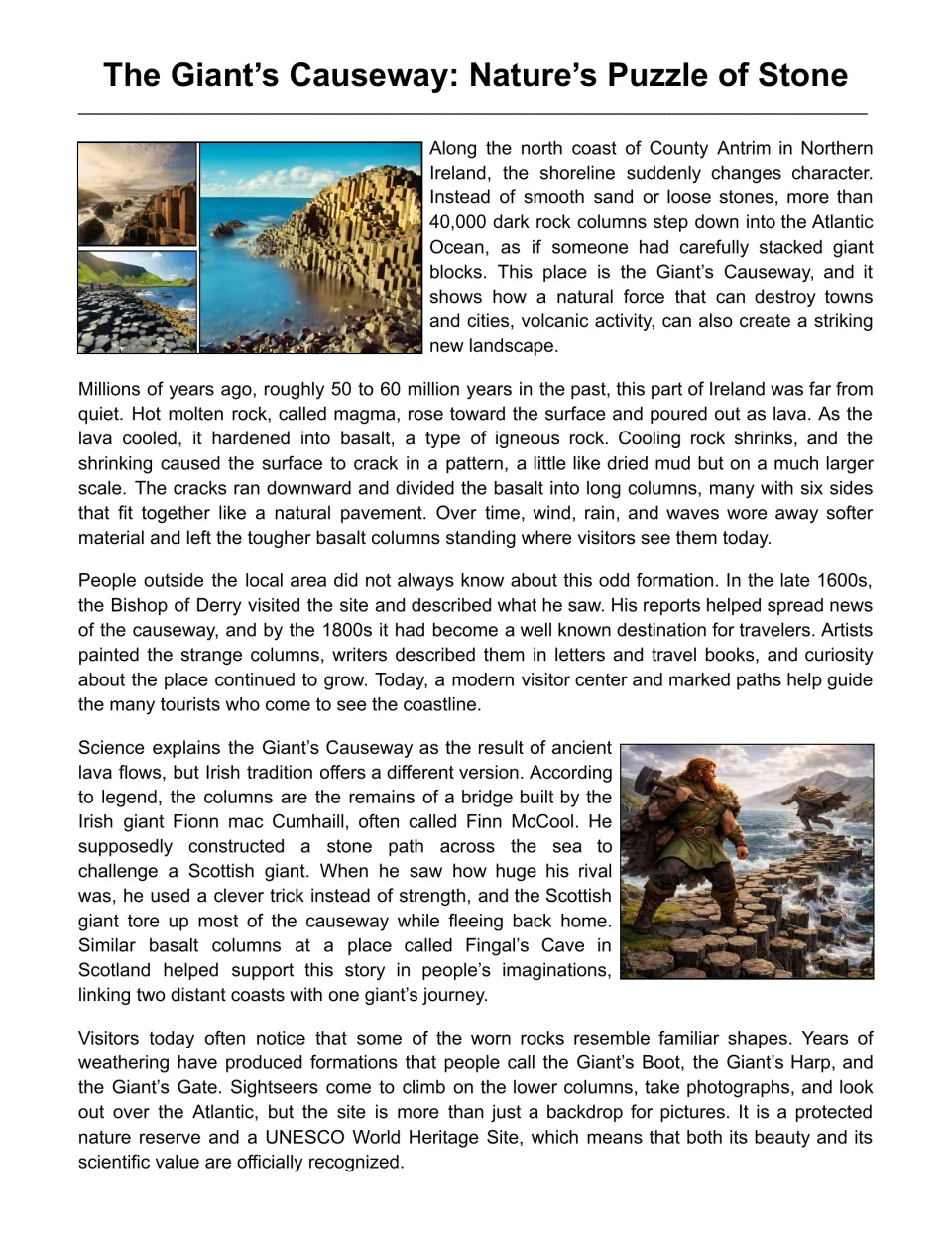 Reading passage opening: the Giant’s Causeway’s volcanic formation, history, legends, and conservation.