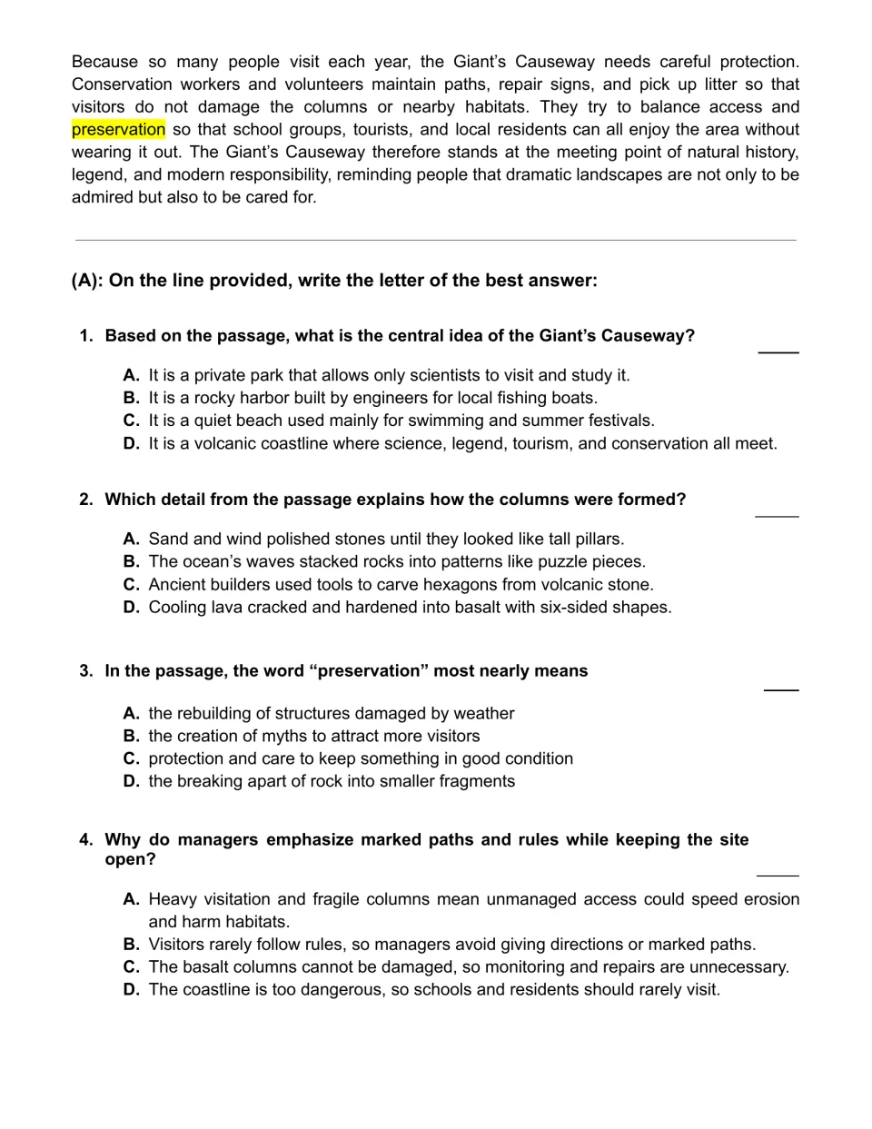 Passage conclusion on preservation, followed by multiple-choice questions 1–4 about the Giant’s Causeway.