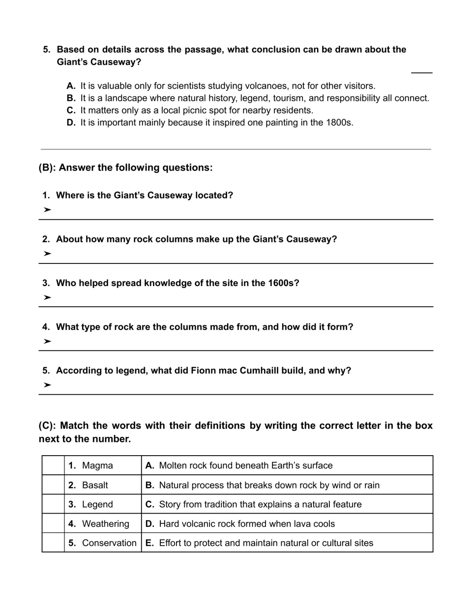 Comprehension practice: multiple-choice question 5, five text-based questions, and five vocabulary matches.