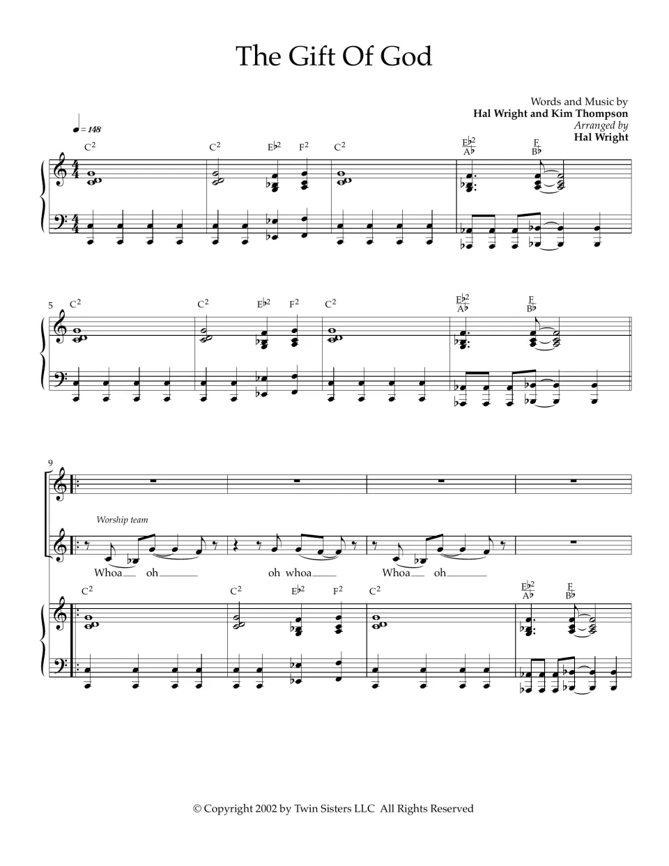 Song score opening, bars 1-12: piano intro in C at 148 bpm, then worship team enters singing "Whoa oh" over the chords