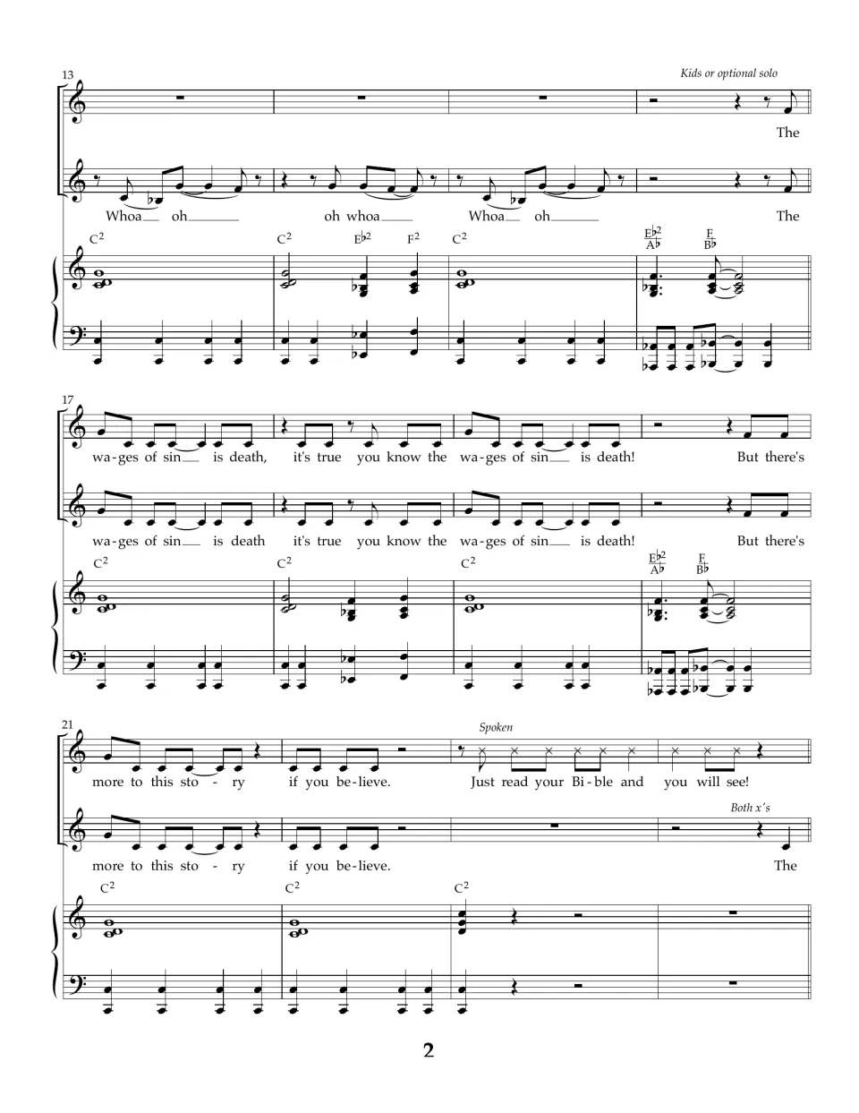 Score bars 13-24: kids or solo sing "wages of sin is death" and "more to this story," ending on a spoken Bible line