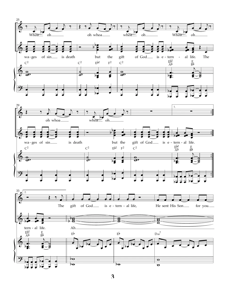Score bars 25-36: chorus "but the gift of God is eternal life" with Whoa oh echoes, 1st and 2nd endings, then a new verse