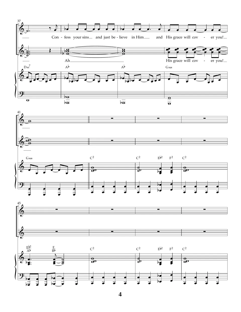 Score bars 37-48: melody sings "Confess your sins and just believe in Him" over Ah harmony, then a piano-only interlude