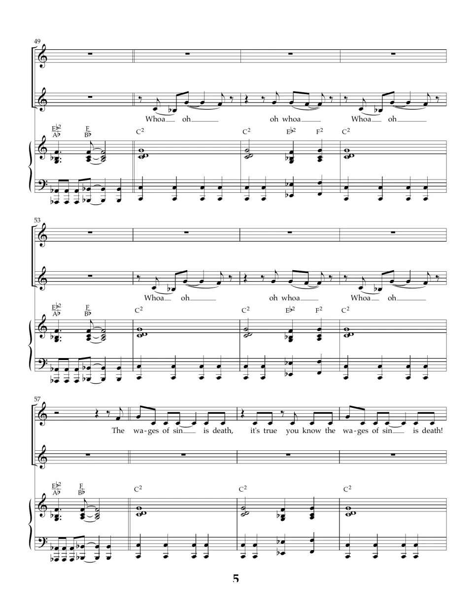 Score bars 49-60: second part sings "Whoa oh" phrases, then the top voice returns with "The wages of sin is death"