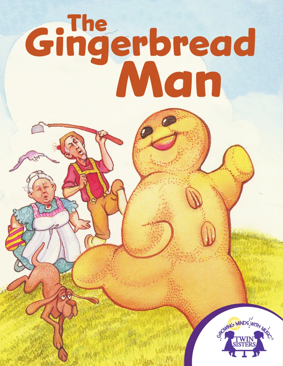 The Gingerbread Man eBook cover: the cookie runs over a grassy hill, chased by an old woman, a man with a hoe and a dog