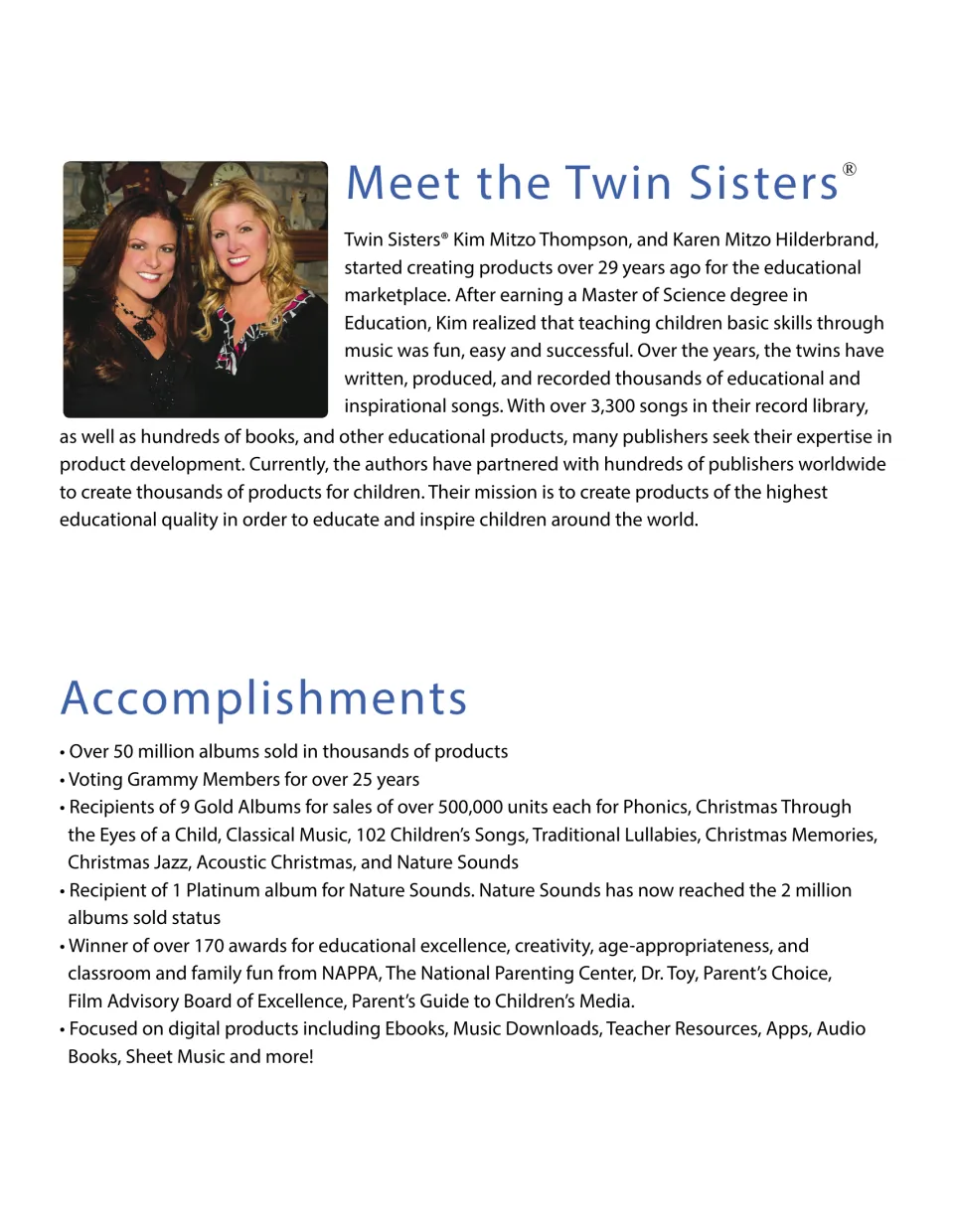 Meet the Twin Sisters: authors Kim Mitzo Thompson and Karen Mitzo Hilderbrand, with a photo and a list of accomplishments