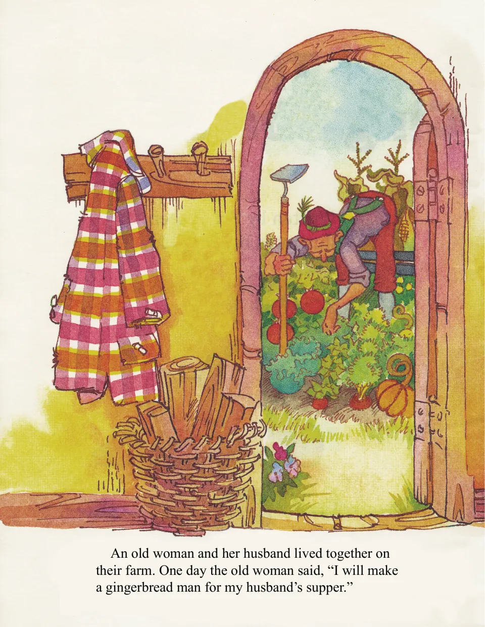 Story opening: an old man hoes the farm garden through an open doorway as the old woman plans a gingerbread man for supper