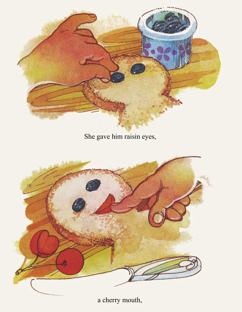 Decorating the face: a hand presses raisin eyes into the dough, then a second scene adds a cherry mouth