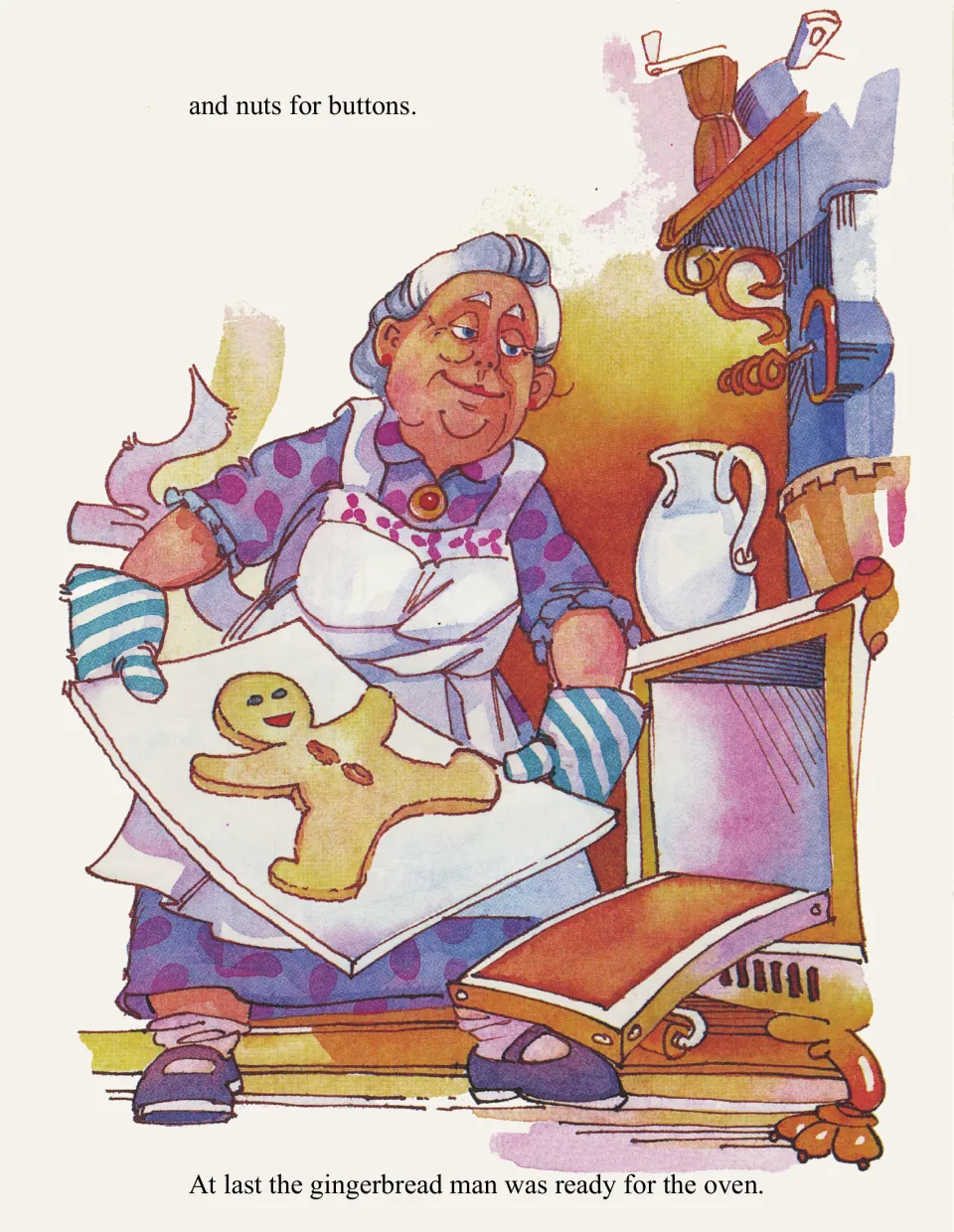 Nuts for buttons: the smiling old woman in oven mitts carries the finished cookie on a baking sheet toward the open oven