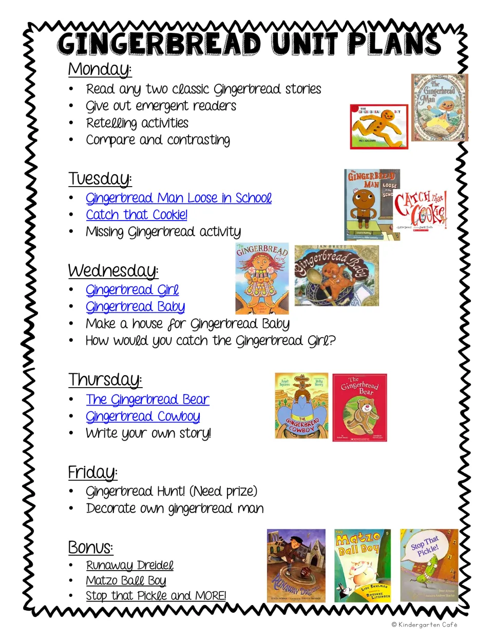 Gingerbread unit weekly plan: story comparisons, missing gingerbread, house design, writing, and a hunt