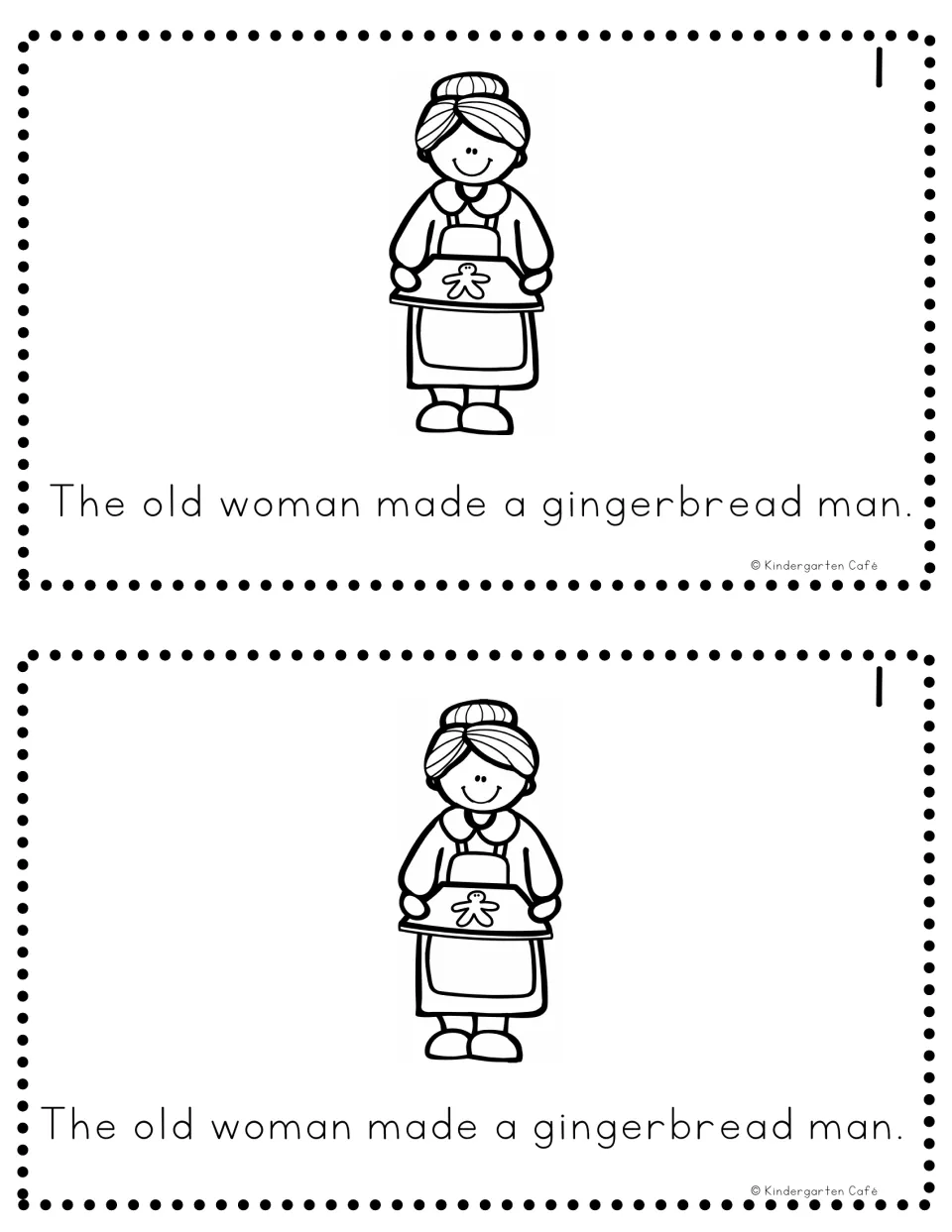 Reader page 1, printed twice: an old woman holding a tray and 'The old woman made a gingerbread man.'