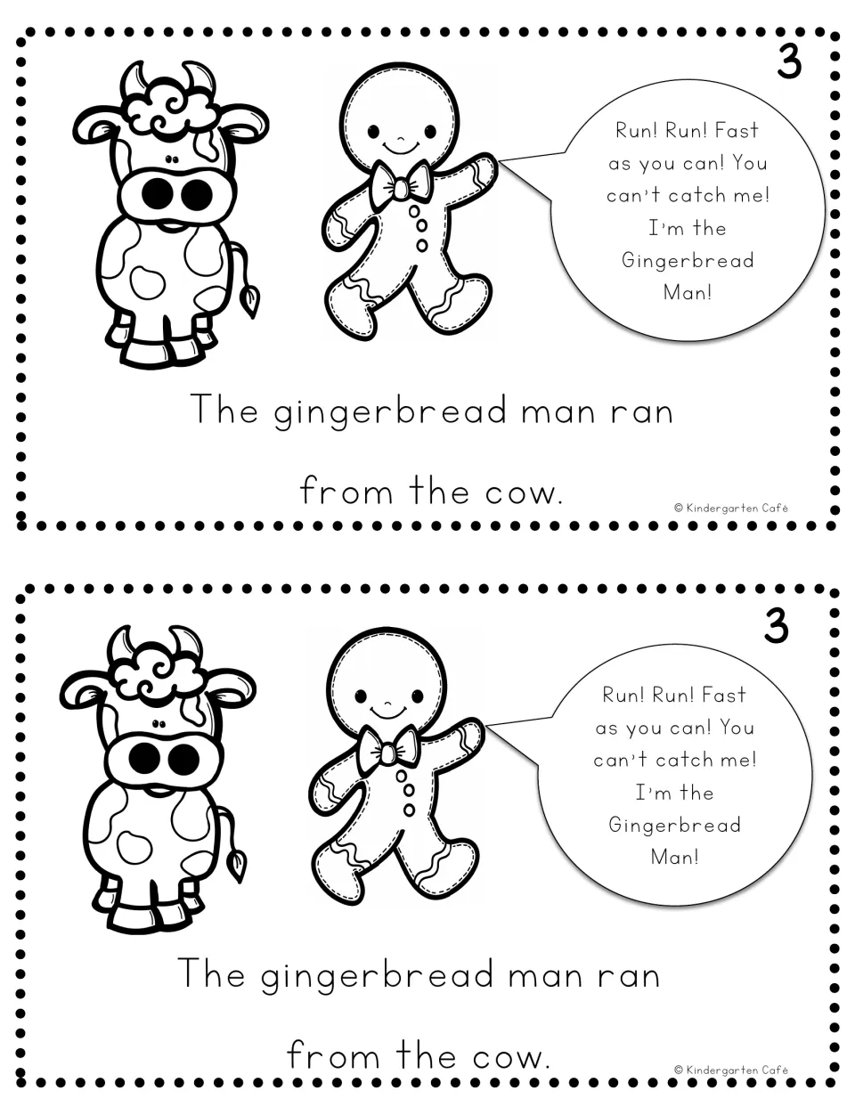 Reader page 3, printed twice: 'The gingerbread man ran from the cow,' with a cow and the running chant