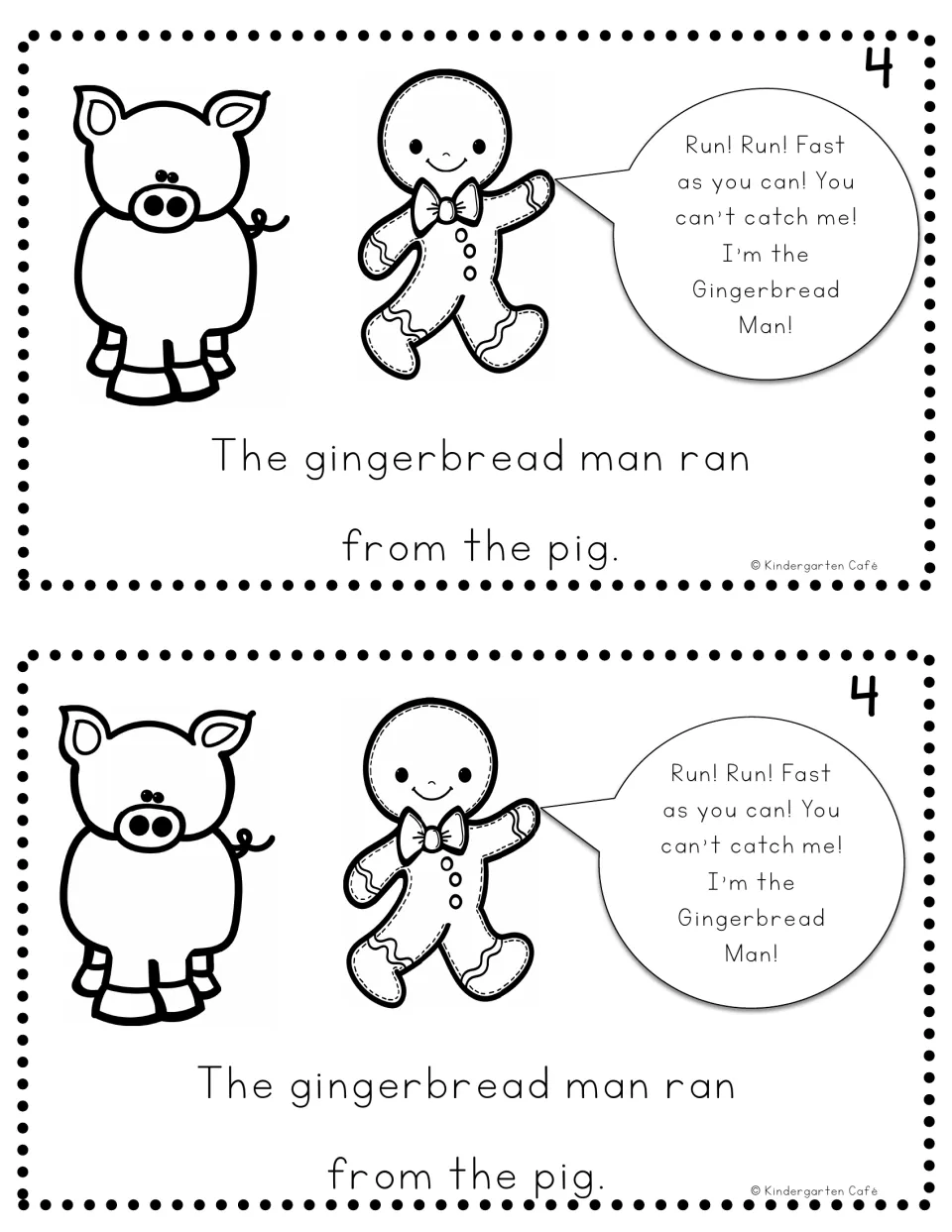 Reader page 4, printed twice: 'The gingerbread man ran from the pig,' with a pig and the running chant