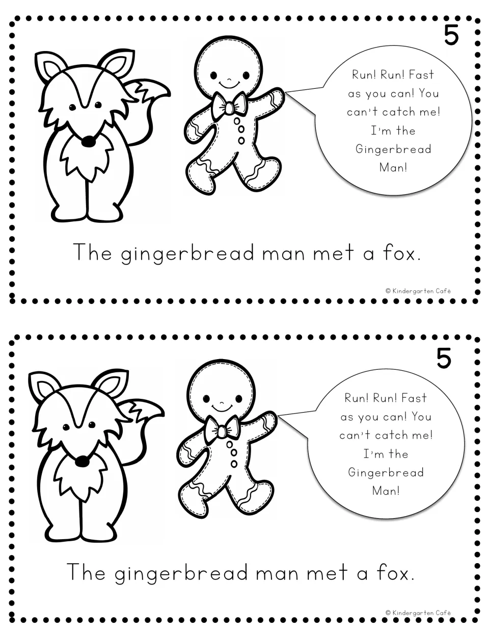 Reader page 5, printed twice: 'The gingerbread man met a fox,' with a fox illustration and the running chant