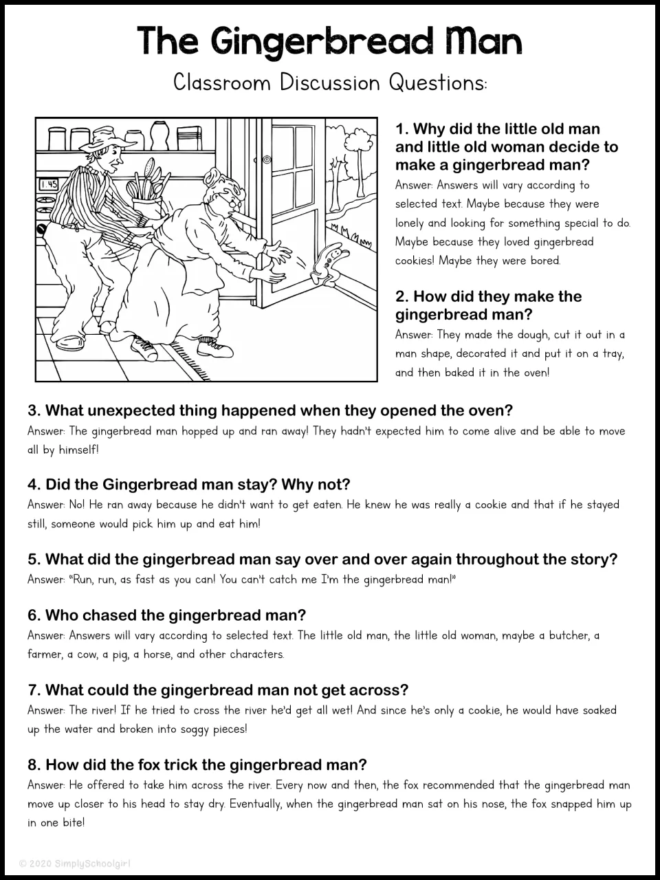 Eight classroom discussion questions with suggested answers about the cookie's escape, chase, and fox