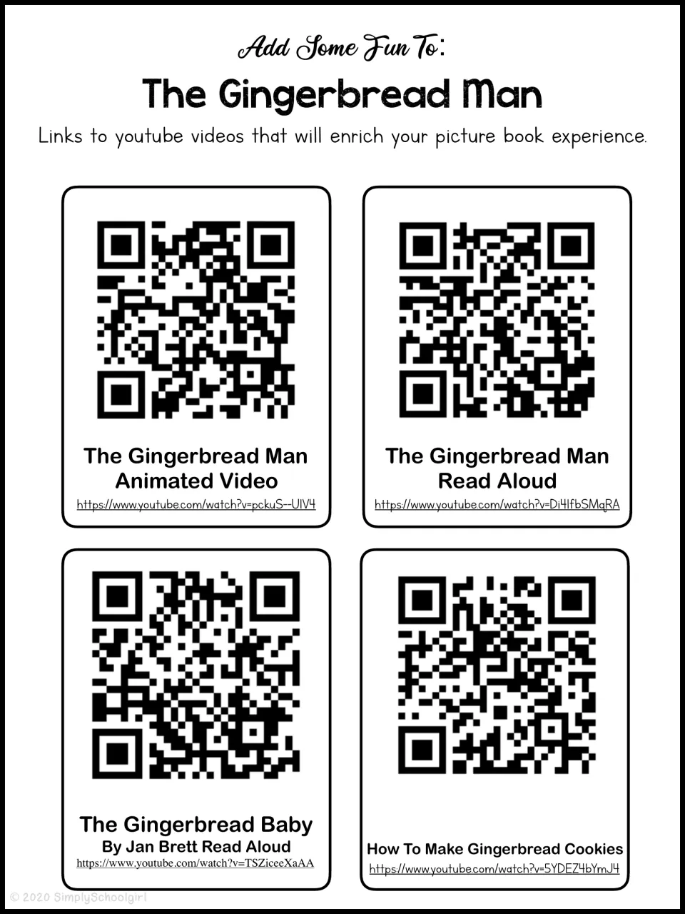 Four study video links with QR codes for an animated story, two read-alouds, and making gingerbread cookies