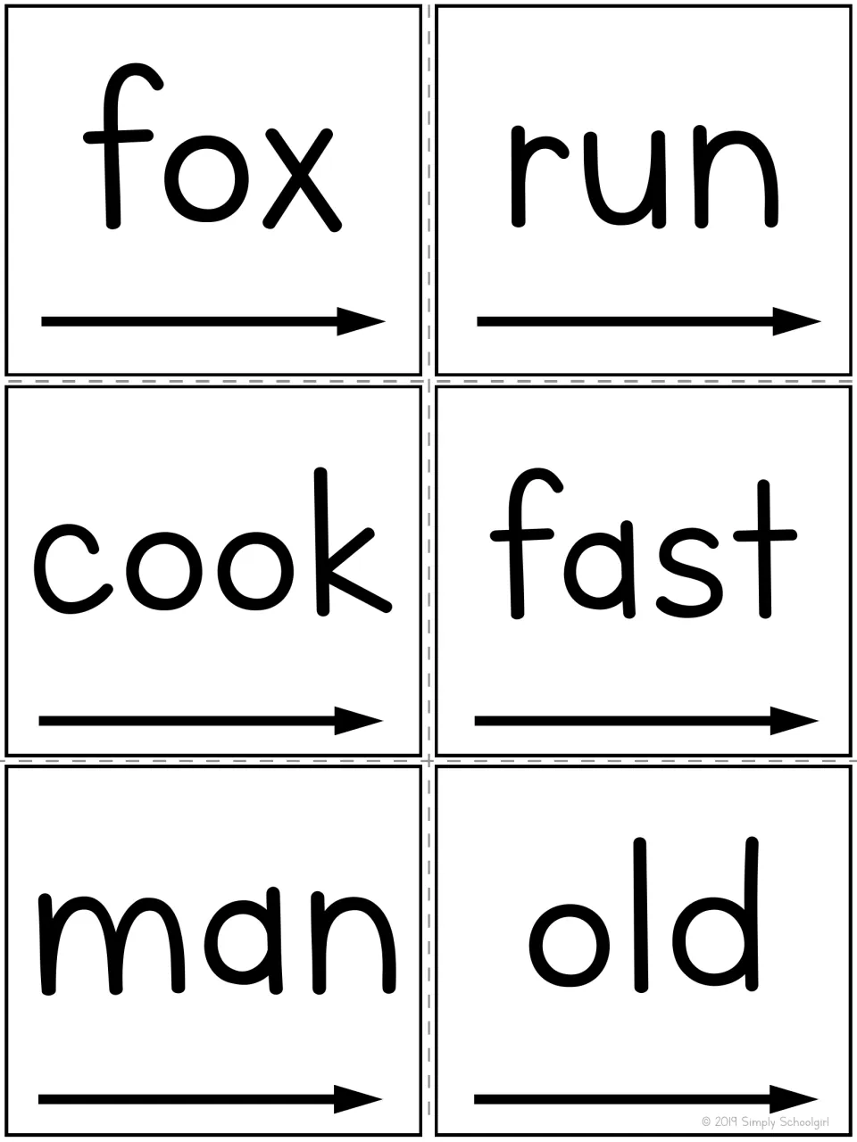 Six word cards for the picture book study: fox, run, cook, fast, man, and old, each with a reading arrow
