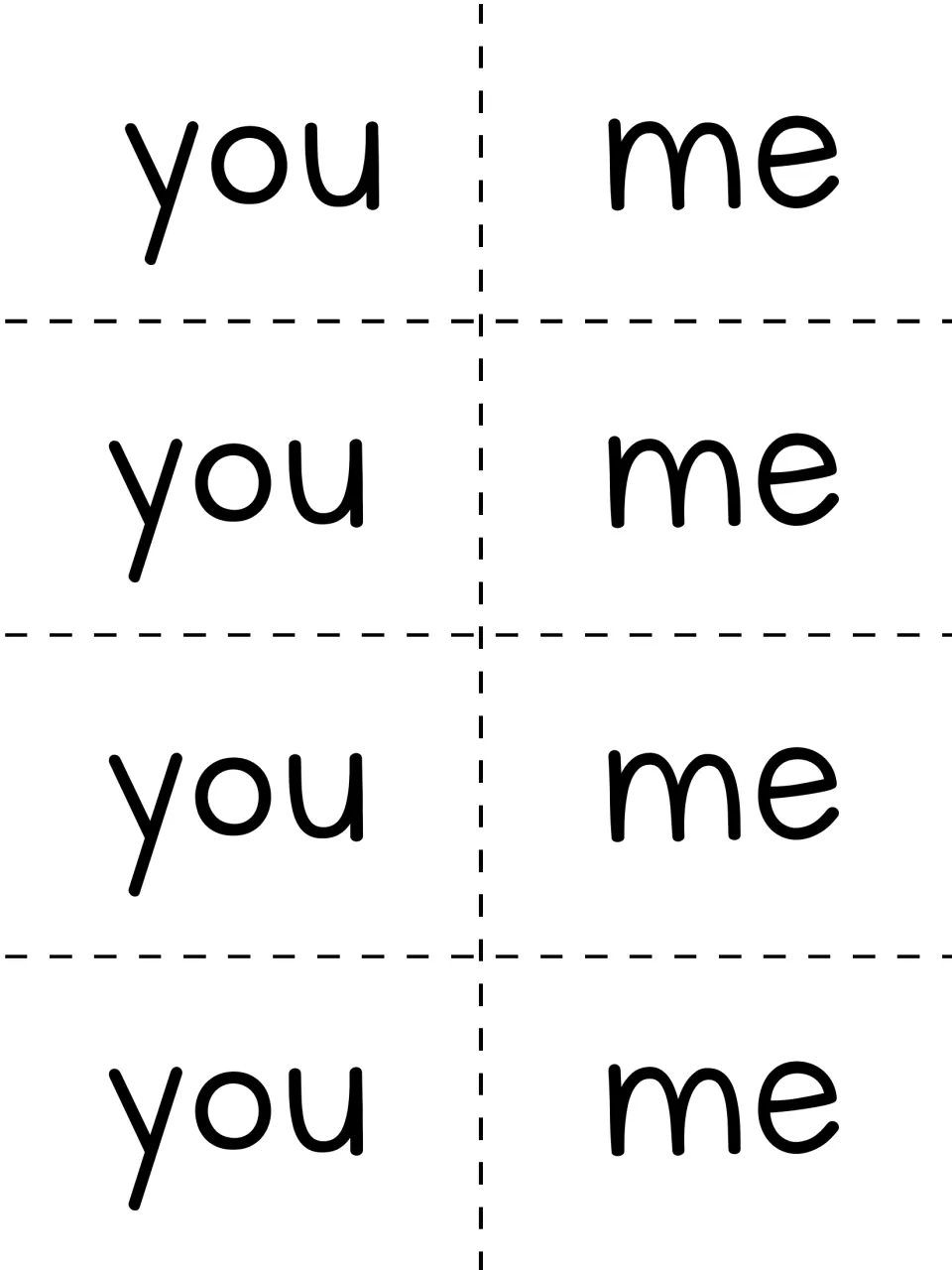 Eight cut-apart word cards for the picture book study, repeating the words you and me four times each