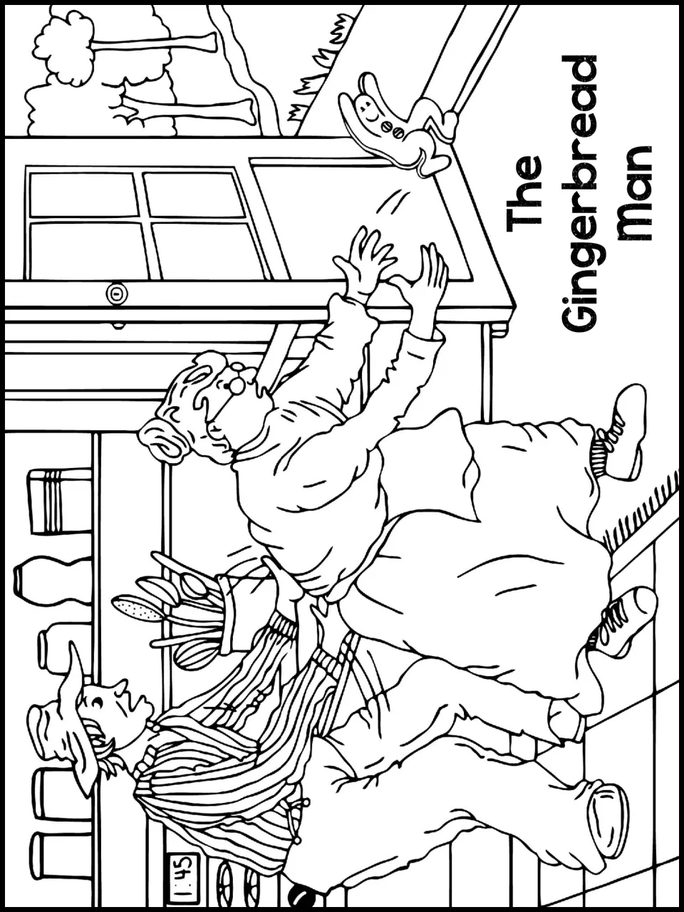Story coloring page shows the old man and old woman reaching for the gingerbread character as he escapes