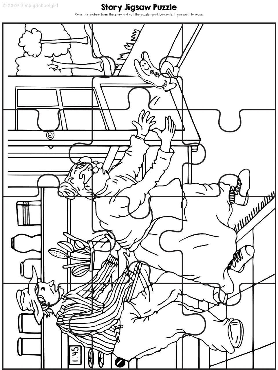 Story jigsaw puzzle uses the escape scene for students to color and cut apart, with optional lamination