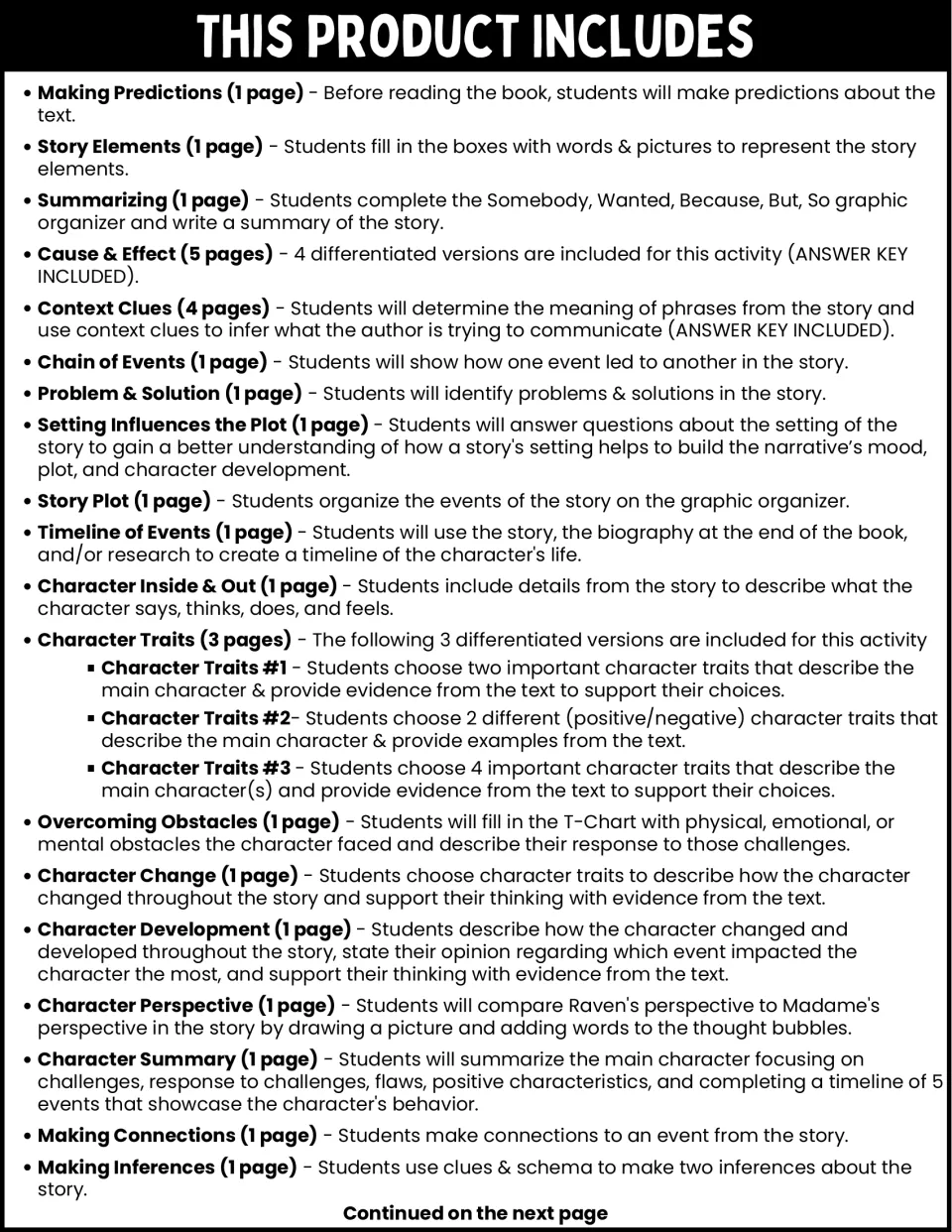 Activity guide, part 1: predictions, story elements, summarizing, cause and effect, and character analysis
