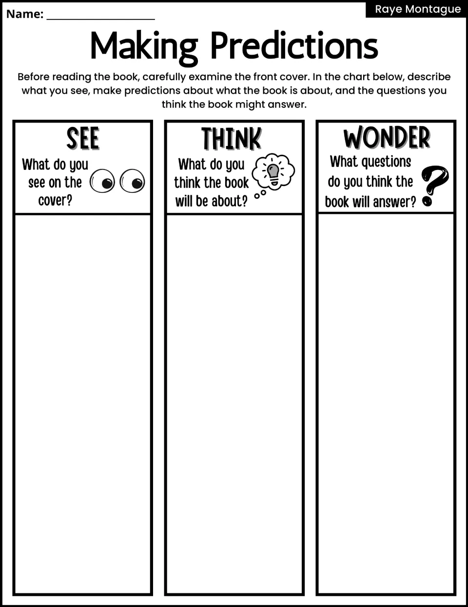 Making Predictions activity: examine the book cover and record observations, predictions, and questions
