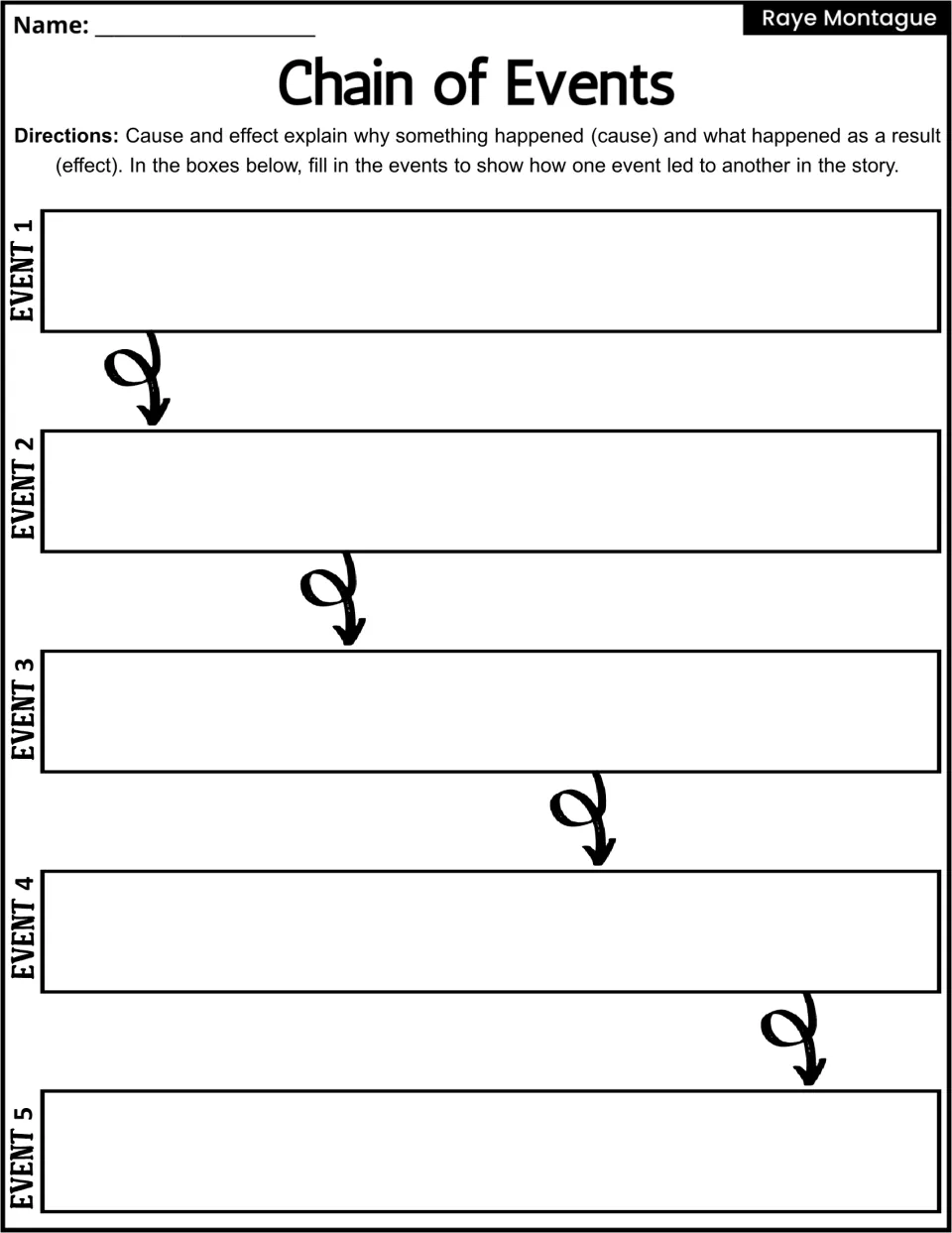 Chain of Events activity: record five story events to explain how one event led to another through cause and effect