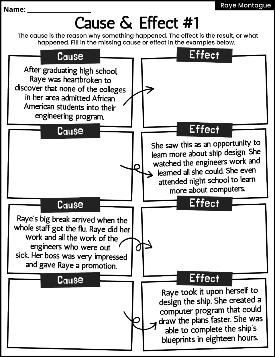Cause & Effect #1: complete missing causes or effects about Raye's education, Navy work, promotion, and ship design