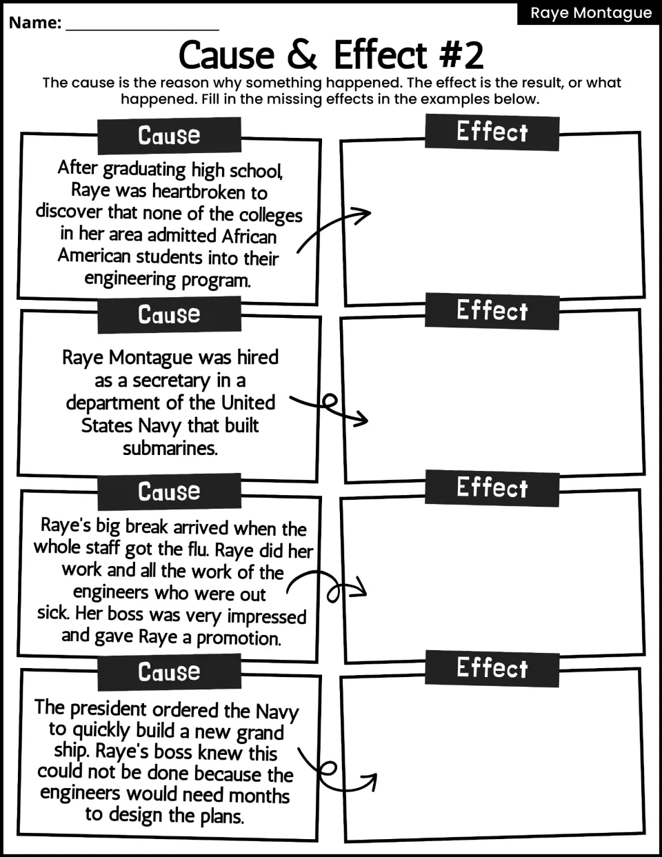 Cause & Effect #2: supply effects for four causes about Raye's college options, Navy job, promotion, and ship plans