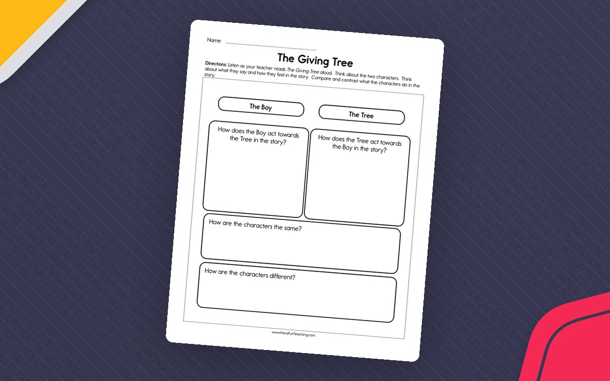 The Giving Tree Worksheet preview: A two-character comparison layout