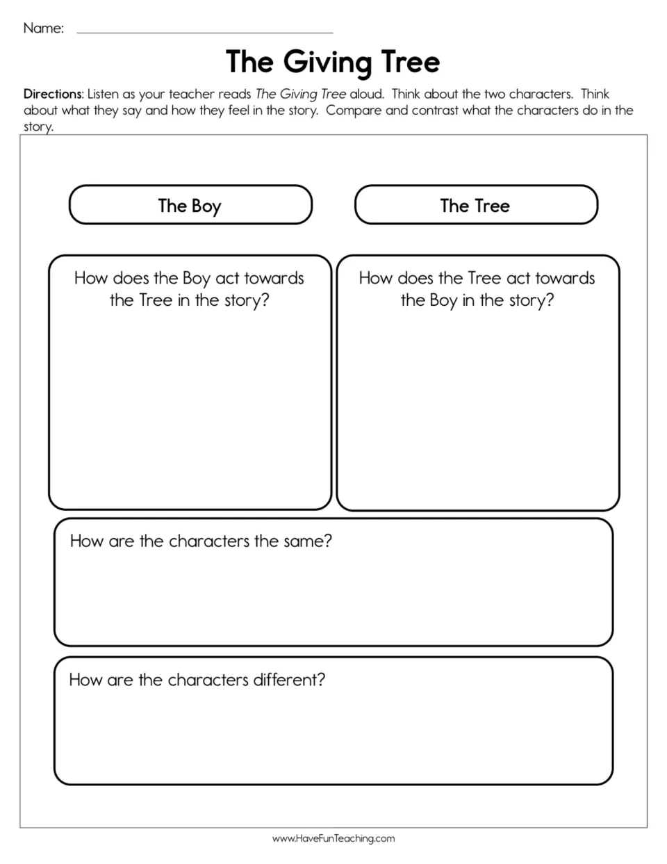 Comparing characters: students write how the Boy and the Tree act toward each other, then how they are alike and different
