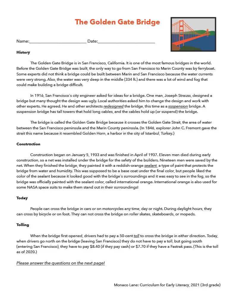 The Golden Gate Bridge Comprehension Worksheet – cover