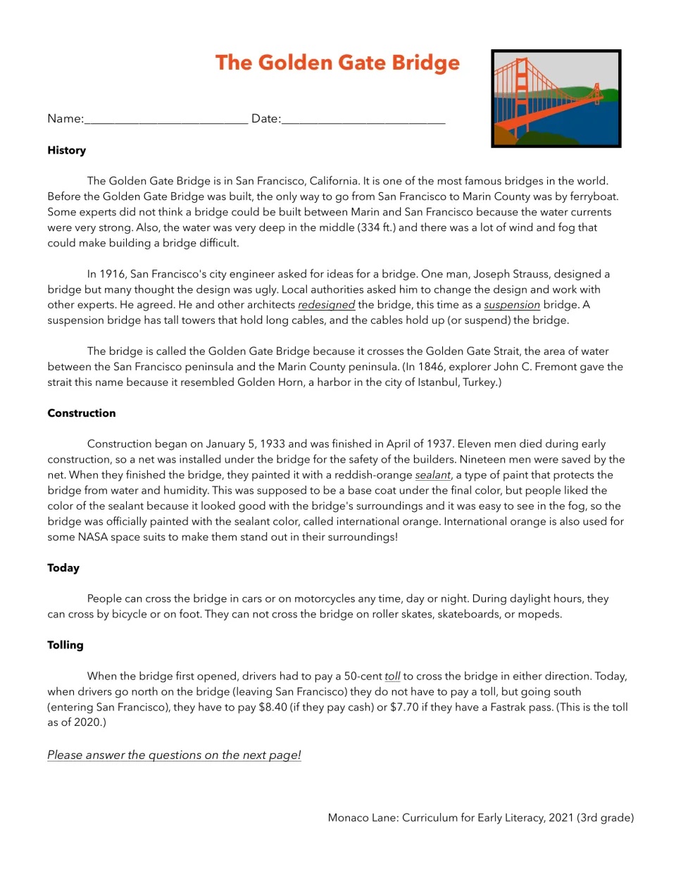 Golden Gate Bridge reading passage on history, construction, crossing rules and tolls, with key vocabulary underlined