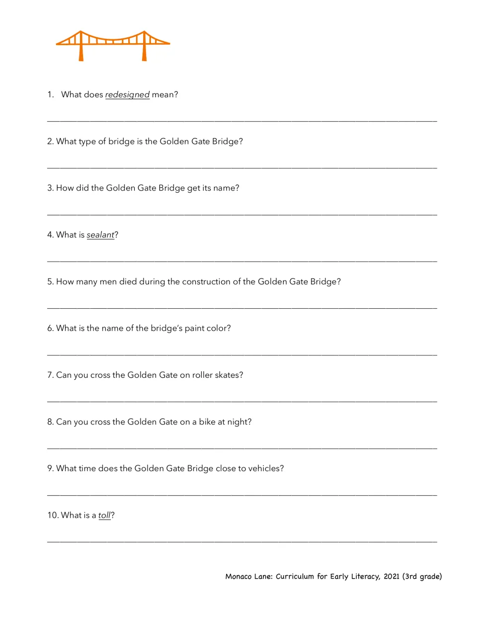 Comprehension questions: students write answers to 10 questions on the bridge's name, type, paint color and tolls