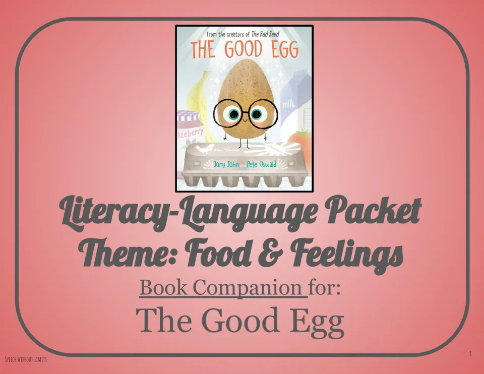Literacy-language packet cover identifies the Food & Feelings theme and the picture book used for activities