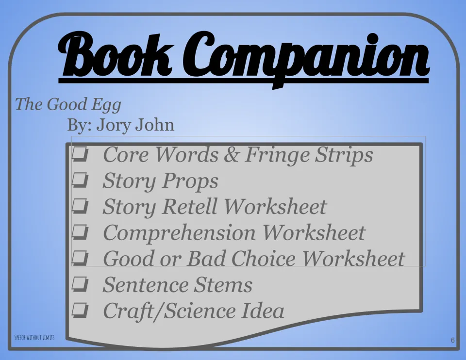Book companion overview lists vocabulary strips, story props, retelling, comprehension, choices, and sentence stems