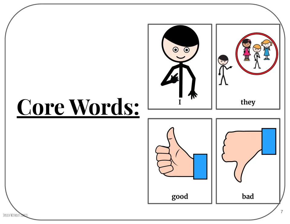 Four core-word picture cards introduce I, they, good, and bad for the book companion's language activities